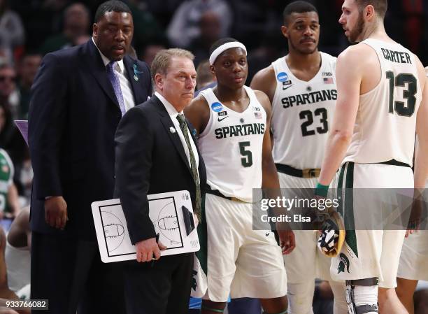 Head coach Tom Izzo of the Michigan State Spartans looks on against the Syracuse Orange in the second round of the 2018 NCAA Men's Basketball...