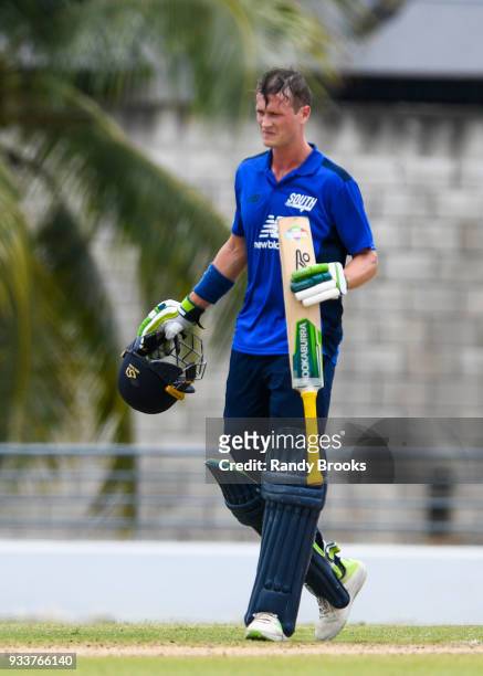 Nick Gubbins of South celebrates his century during the ECB North v South Series match One at Kensington Oval on March 18, 2018 in Bridgetown,...