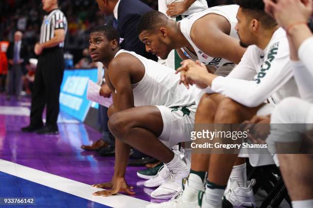 Jaren Jackson Jr. #2 of the Michigan State Spartans looks on from the bench during the second half against the Syracuse Orange in the second round of...