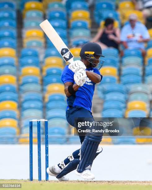 Delray Rawlins of South hits 4 during the ECB North v South Series match One at Kensington Oval on March 18, 2018 in Bridgetown, Barbados.