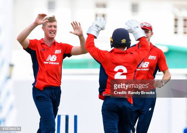 Keaton Jennings of North celebrates the dismissal of Dominic Bess of South during the ECB North v South Series match One at Kensington Oval on March...