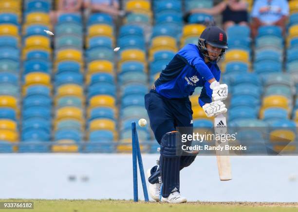 Sam Curran of South bowled by Saqib Mahmood of North during the ECB North v South Series match One at Kensington Oval on March 18, 2018 in...