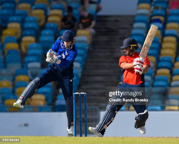 Brett D'Oliveira of North hits 4 during the ECB North v South Series match One at Kensington Oval on March 18, 2018 in Bridgetown, Barbados. The...