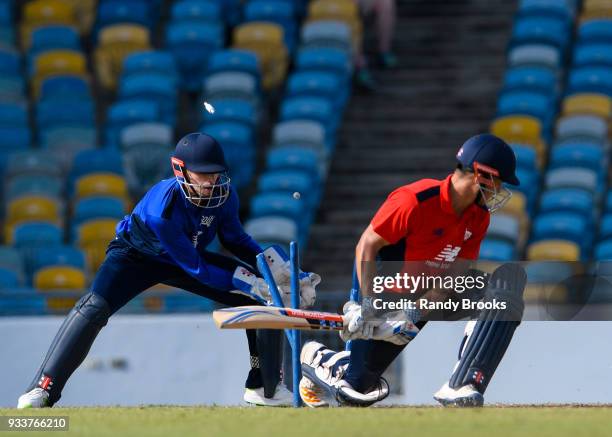 Sam Hain of North bowled by Dominic Bess of South during the ECB North v South Series match One at Kensington Oval on March 18, 2018 in Bridgetown,...