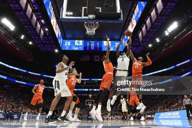 Jaren Jackson Jr. #2 of the Michigan State Spartans goes up for a layup in the second round of the 2018 NCAA Photos via Getty Images Men's Basketball...