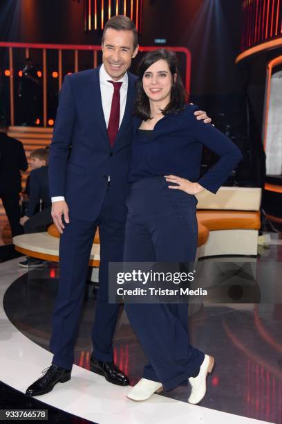 Kai Pflaume and Nora Tschirner during the TV show 'Klein gegen Gross' on March 18, 2018 in Berlin, Germany.