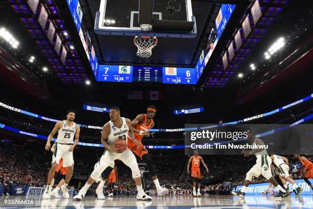 Xavier Tillman of the Michigan State Spartans looks to make a pass in the second round of the 2018 NCAA Photos via Getty Images Men's Basketball...