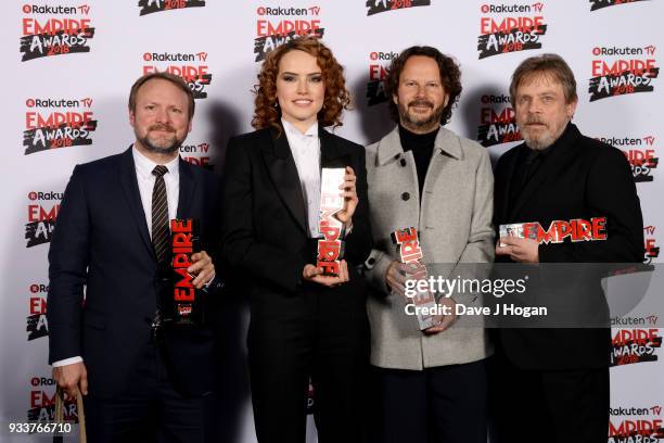 Winners of Best Film for 'Star Wars: The Last Jedi', director Rian Johnson, Daisy Ridley, producer Ram Bergman and Mark Hamill pose in the winners...