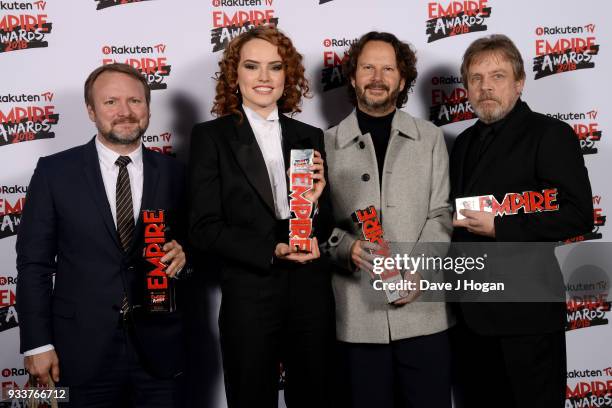 Winners of Best Film for 'Star Wars: The Last Jedi', director Rian Johnson, Daisy Ridley, producer Ram Bergman and Mark Hamill pose in the winners...