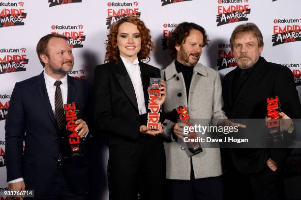 Winners of Best Film for 'Star Wars: The Last Jedi', director Rian Johnson, Daisy Ridley, producer Ram Bergman and Mark Hamill pose in the winners...