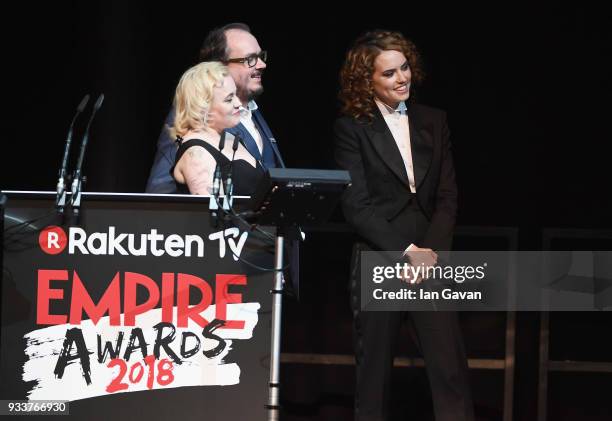 Editor-in-Chief Terri White, Associate Editor Chris Hewitt and actress Daisy Ridley on stage during the Rakuten TV EMPIRE Awards 2018 at The...