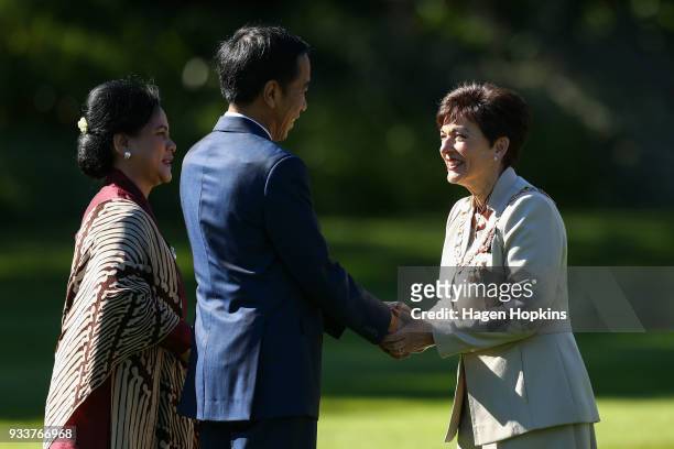 President of Indonesia,ÊJoko Widodo, and First Lady, Iriana Joko Widodo, are greeted by Governor-General Dame Patsy Reddy during a Ceremony of...