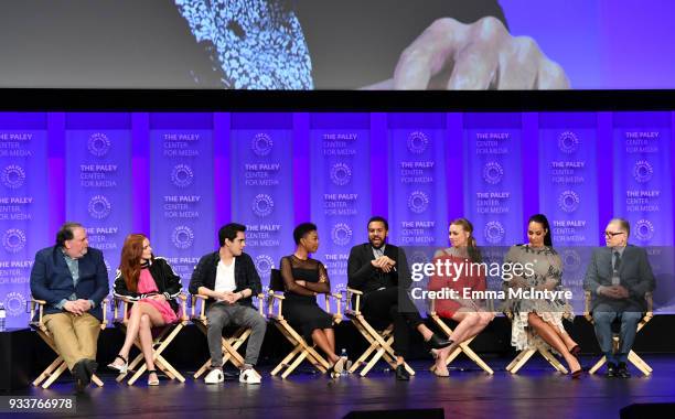 Bruce Miller, Madeline Brewer, Max Minghella, Samira Wiley, O. T. Fagbenle, Yvonne Strahovski, Amanda Brugel, and Warren Littlefield attend The Paley...