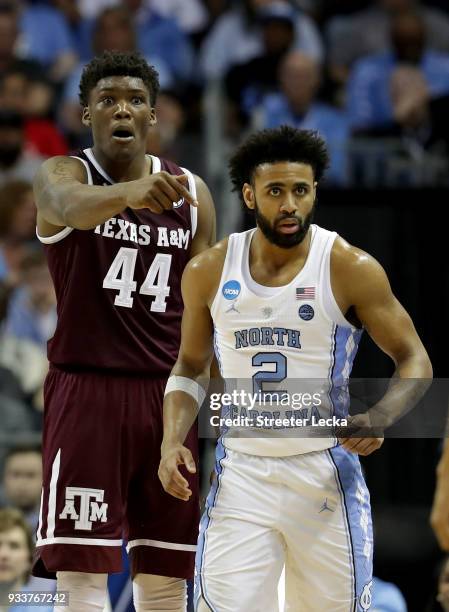 Robert Williams of the Texas A&M Aggies reacts against Joel Berry II of the North Carolina Tar Heels during the second round of the 2018 NCAA Men's...