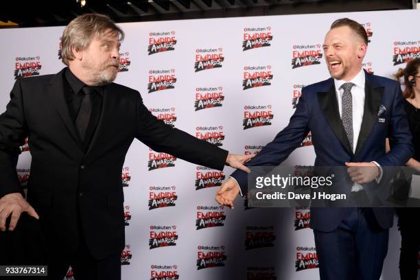 Mark Hamill and Simon Pegg in the winners room at the Rakuten TV EMPIRE Awards 2018 at The Roundhouse on March 18, 2018 in London, England.