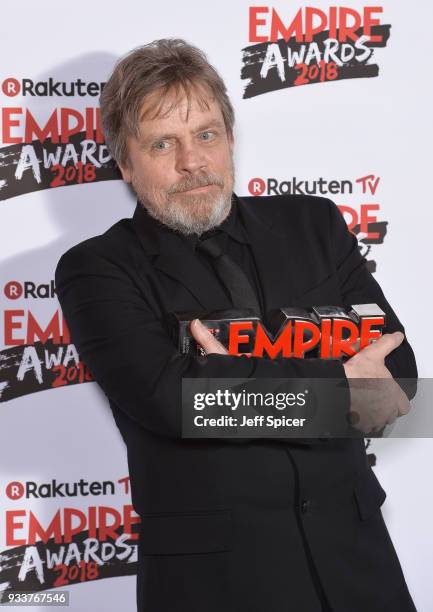 Mark Hamill, winner of the Empire Icon award, poses in the winners room at the Rakuten TV EMPIRE Awards 2018 at The Roundhouse on March 18, 2018 in...