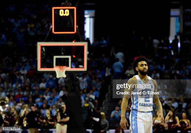 Joel Berry II of the North Carolina Tar Heels leaves the floor against the Texas A&M Aggies during the second round of the 2018 NCAA Men's Basketball...