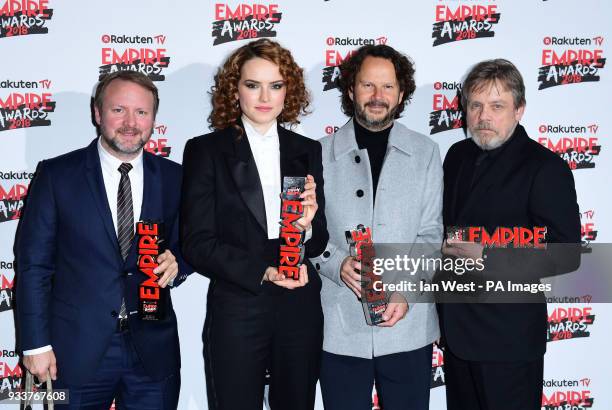 Rian Johnson wins Best Director and Best Film for Star Wars, Daisy Ridley wins the Best Actress Award , producer Ram Bergman and Mark Hamill with his...