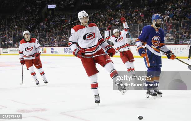 Trevor van Riemsdyk of the Carolina Hurricanes celebrates his go ahead goal at 13:11 of the third period against the New York Islanders at the...