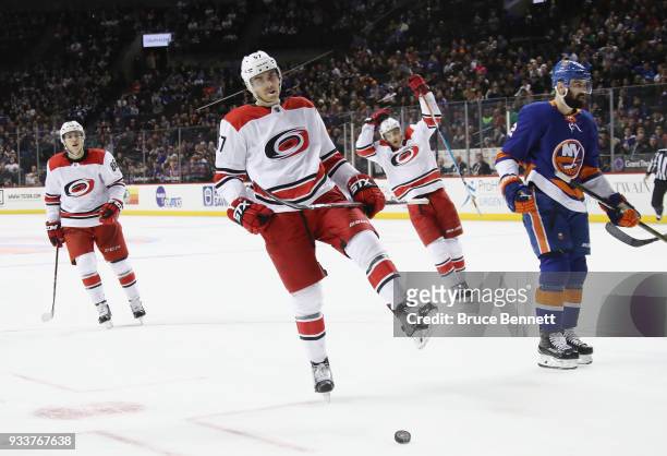 Trevor van Riemsdyk of the Carolina Hurricanes celebrates his go ahead goal at 13:11 of the third period against the New York Islanders at the...