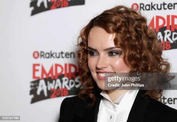 Actress Daisy Ridley, winner of the Best Actress award, poses in the winners room at the Rakuten TV EMPIRE Awards 2018 at The Roundhouse on March 18,...