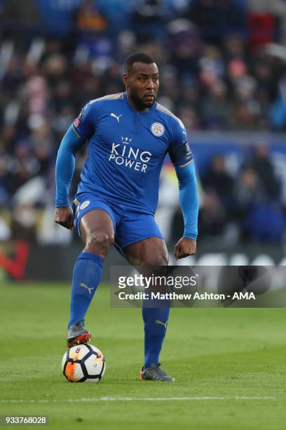 Wes Morgan of Leicester City during the FA Cup Quarter Final match between Leicester City and Chelsea at The King Power Stadium on March 18, 2018 in...