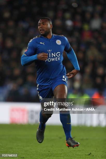 Wes Morgan of Leicester City during the FA Cup Quarter Final match between Leicester City and Chelsea at The King Power Stadium on March 18, 2018 in...