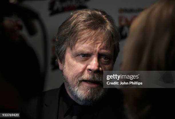 Mark Hamill, winner of the Empire Icon award, is interviewed in the winners room at the Rakuten TV EMPIRE Awards 2018 at The Roundhouse on March 18,...