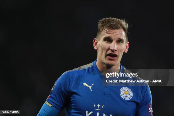 Marc Albrighton of Leicester City during the FA Cup Quarter Final match between Leicester City and Chelsea at The King Power Stadium on March 18,...