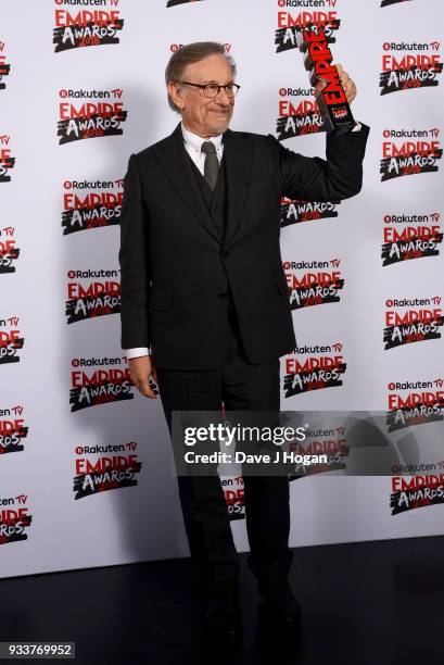 Director Steven Spielberg, winner of the EMPIRE Legend Of Our Lifetime award, poses in the winners room at the Rakuten TV EMPIRE Awards 2018 at The...