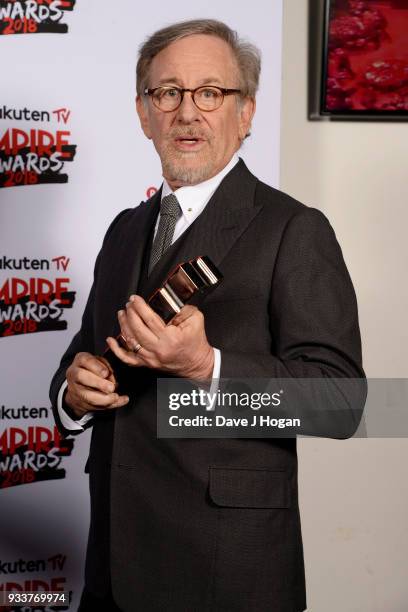 Director Steven Spielberg, winner of the EMPIRE Legend Of Our Lifetime award, poses in the winners room at the Rakuten TV EMPIRE Awards 2018 at The...