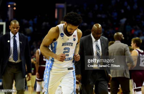 Joel Berry II of the North Carolina Tar Heels leaves the court after their 86-65 loss to the Texas A&M Aggies during the second round of the 2018...