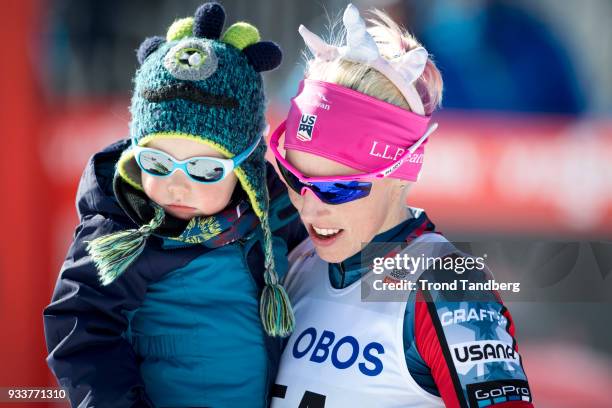 Kikkan Randal of USA with her son after Ladies 10.0 km Pursuit Free at Lugnet Stadium on March 18, 2018 in Falun, Sweden.