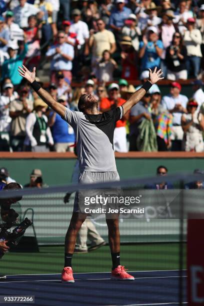 Juan Martin Del Potro of Argentina celebrates with the crowd after beating Roger Federer of Switzerland in three sets at the BNP Paribas Open on...