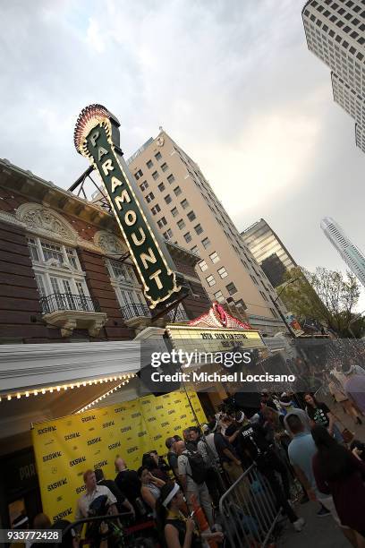 General view of the "Isle of Dogs" marquis at the premiere during the 2018 SXSW Conference and Festivals at Paramount Theatre on March 17, 2018 in...