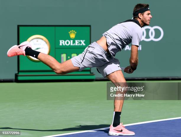 Juan Martin Del Potro of Argentina serves in his victory over Roger Federer of Switzerland in the ATP final during the BNP Paribas Open at the Indian...