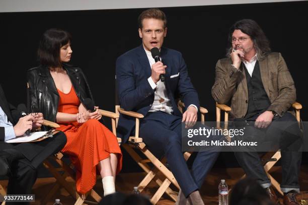 Caitriona Balfe, Sam Heughan and Ronald D. Moore speak on stage at the STARZ Outlander FYC Event at Linwood Dunn Theater on March 18, 2018 in Los...