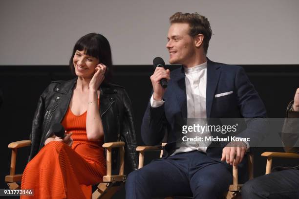 Caitriona Balfe and Sam Heughan speak on stage at the STARZ Outlander FYC Event at Linwood Dunn Theater on March 18, 2018 in Los Angeles, California.