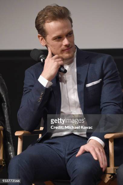 Sam Heughan speaks on stage at the STARZ Outlander FYC Event at Linwood Dunn Theater on March 18, 2018 in Los Angeles, California.