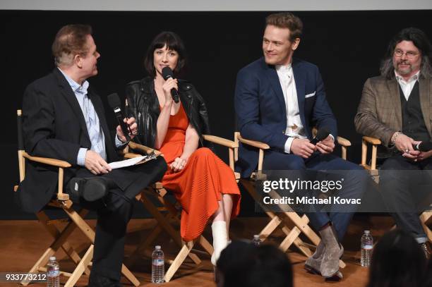 GoldDerby President Tom O'Neil, Caitriona Balfe, Sam Heughan and Ronald D. Moore speak on stage at the STARZ Outlander FYC Event at Linwood Dunn...