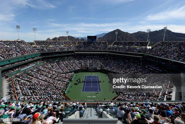 Record crowd watches the men's final on center court between Roger Federer of Switzerland and Juan Martin Del Potro of Argentina on Day 14 of BNP...