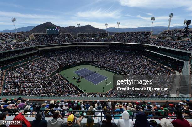 Record crowd watches the men's final on center court between Roger Federer of Switzerland and Juan Martin Del Potro of Argentina on Day 14 of BNP...