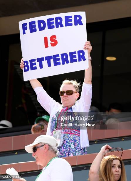 Fans of Roger Federer of Switzerland during the match against Juan Martin Del Potro of Argentina in the ATP final during the BNP Paribas Open at the...