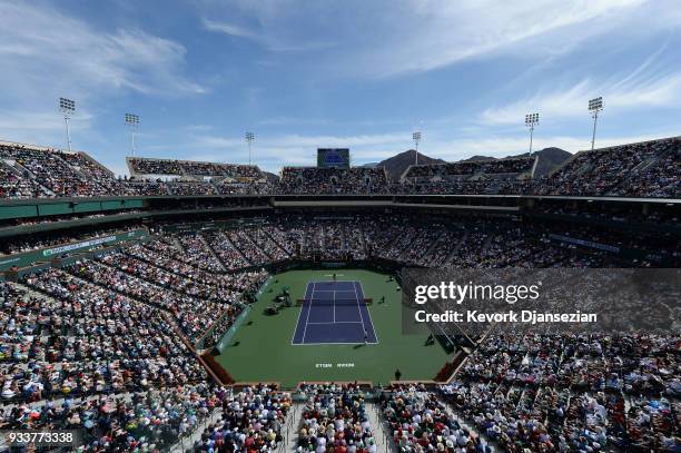 Record crowd watches the men's final on center court between Roger Federer of Switzerland and Juan Martin Del Potro of Argentina on Day 14 of BNP...