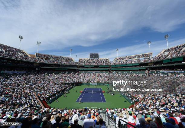 Record crowd watches the men's final on center court between Roger Federer of Switzerland and Juan Martin Del Potro of Argentina on Day 14 of BNP...