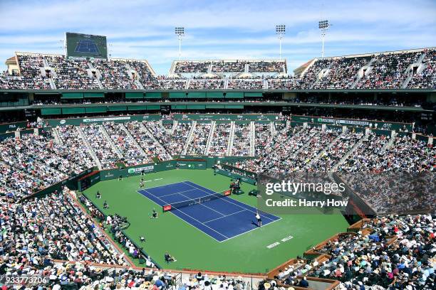 General view of the match between Roger Federer of Switzerland and Juan Martin Del Potro of Argentina in the ATP final during the BNP Paribas Open at...