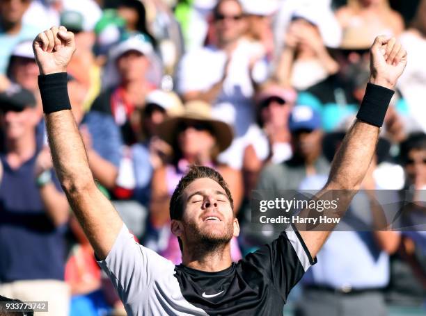 Juan Martin Del Potro of Argentina celebrates victory over Roger Federer of Switzerland in the ATP final during the BNP Paribas Open at the Indian...