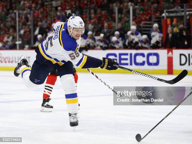 Colton Parayko of the St. Louis Blues shoots against the Chicago Blackhawks at the United Center on March 18, 2018 in Chicago, Illinois.