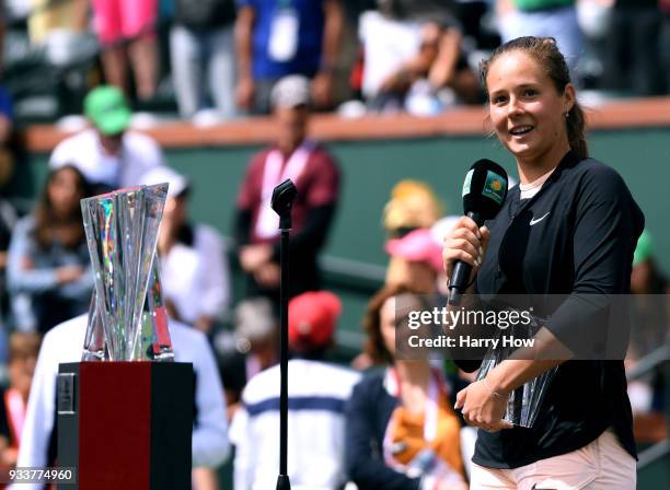 Daria Kasatkina of Russia speaks at the trophy presentation after her loss to Naomi Osaka of Japan in the WTA final during the BNP Paribas Open at...