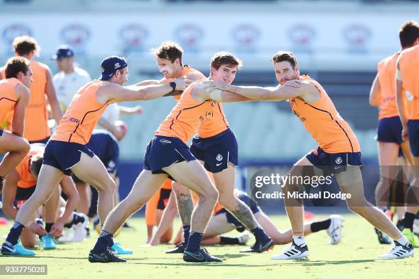 Paddy Dow of the Blues and Dale Thomas keep a watchful eye on the media during a Carlton Blues AFL training session at Ikon Park on March 19, 2018 in...